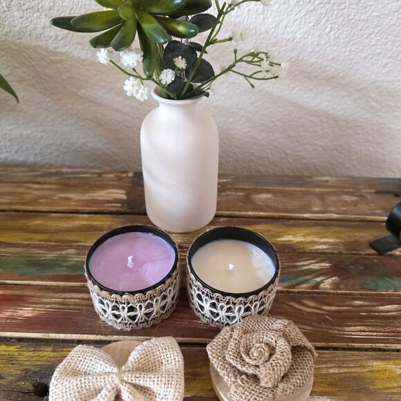Set of 2 Tin Candle Holders with Jute Ribbon and Adornments Soy Wax  - New - Picture 2 of 2
